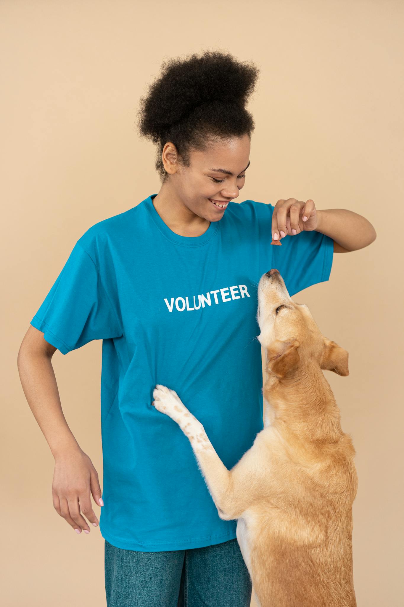 Woman smiling while playing with a cute dog. Studio background, joyful moment.